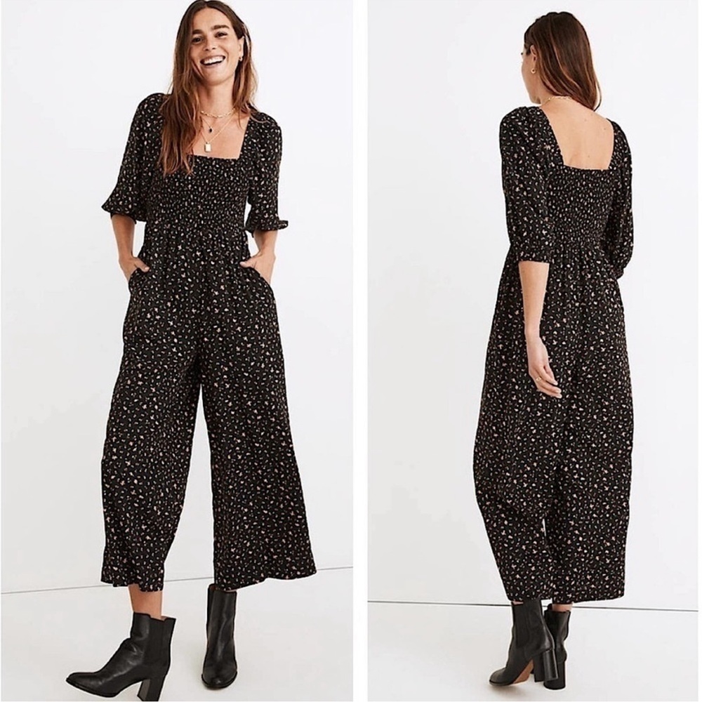 Madewell Lucie Elbow-Sleeve Smocked Wide-Leg Jumpsuit Black Floral Stem Scatter